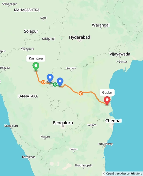 Route map showing distance and travel time from Kushtagi, India to Gudur, India