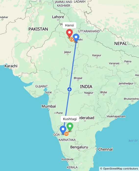 Route map showing distance and travel time from Kushtagi, India to Hansi, India