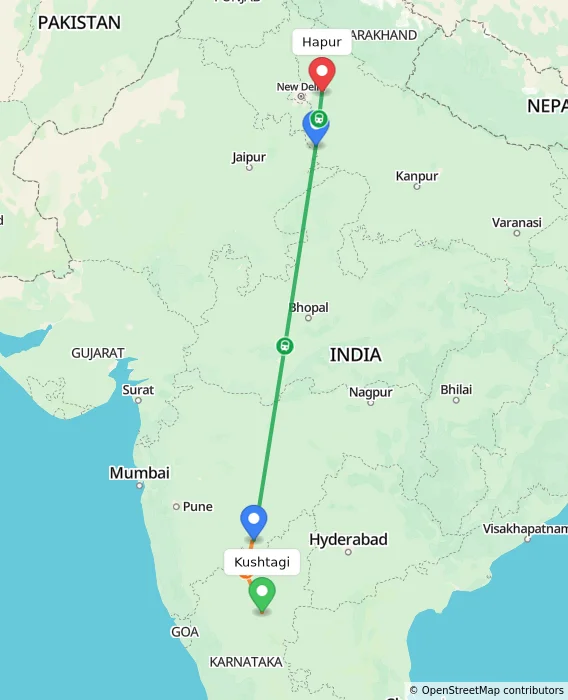 Route map showing distance and travel time from Kushtagi, India to Hapur, India