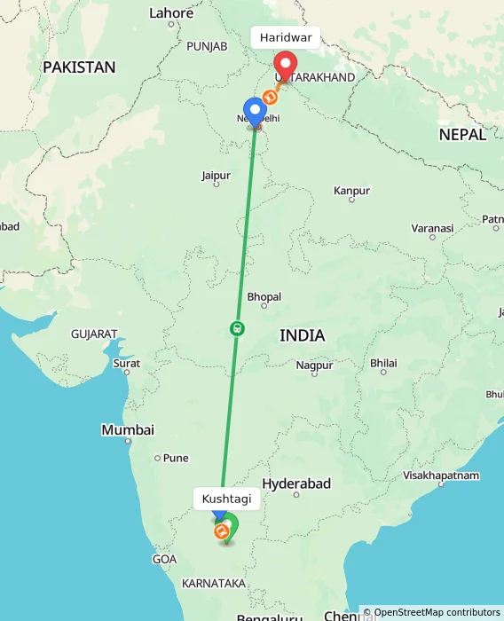 Route map showing distance and travel time from Kushtagi, India to Haridwar, India