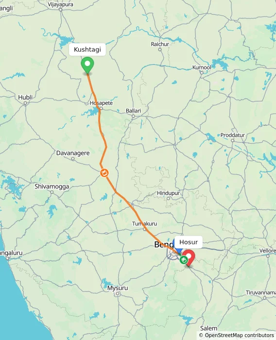 Route map showing distance and travel time from Kushtagi, India to Hosur, India