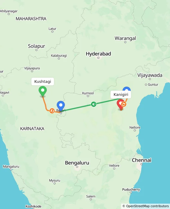 Route map showing distance and travel time from Kushtagi, India to Kanigiri, India