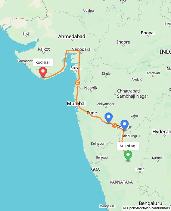 Route map showing distance and travel time from Kushtagi, India to Kodinar, India