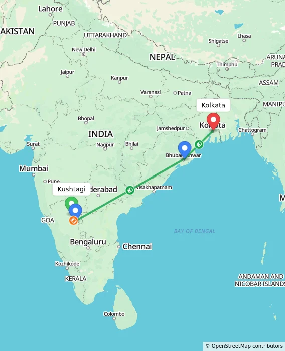 Route map showing distance and travel time from Kushtagi, India to Kolkata, India