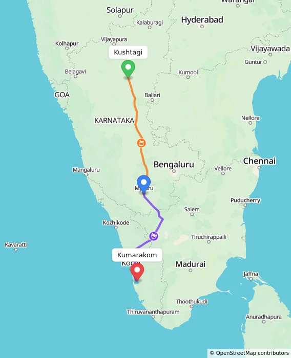 Route map showing distance and travel time from Kushtagi, India to Kumarakom, India