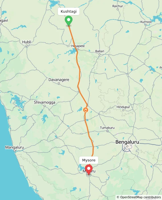 Route map showing distance and travel time from Kushtagi, India to Mysore, India