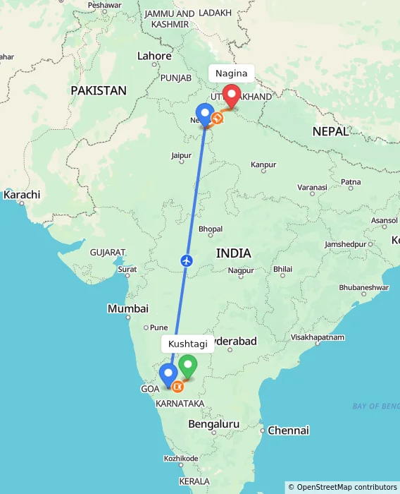 Route map showing distance and travel time from Kushtagi, India to Nagina, India