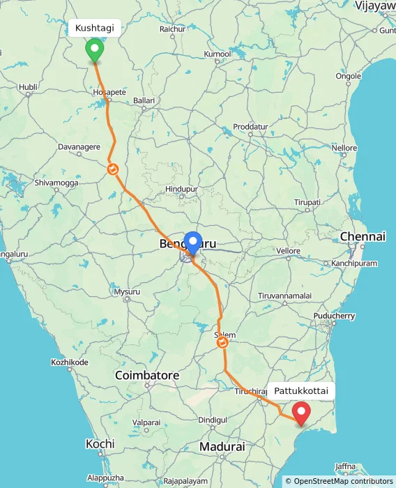 Route map showing distance and travel time from Kushtagi, India to Pattukkottai, India