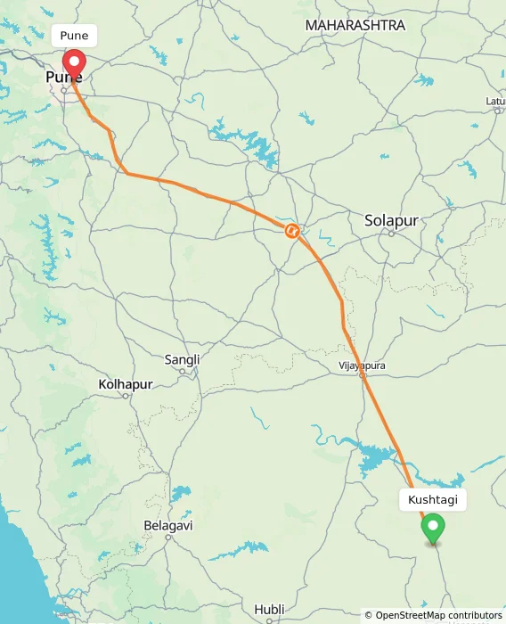 Route map showing distance and travel time from Kushtagi, India to Pune, India