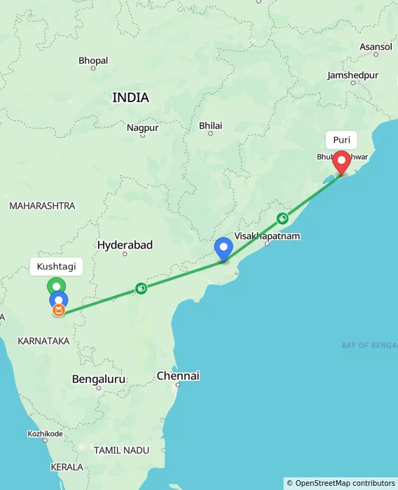 Route map showing distance and travel time from Kushtagi, India to Puri, India