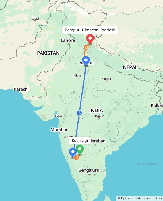 Route map showing distance and travel time from Kushtagi, India to Rampur, Himachal Pradesh, India