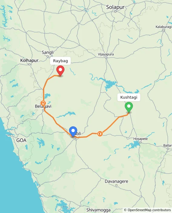 Route map showing distance and travel time from Kushtagi, India to Raybag, India