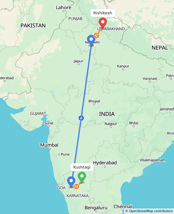 Route map showing distance and travel time from Kushtagi, India to Rishikesh, India