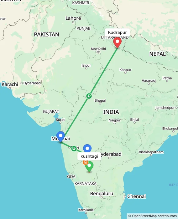 Route map showing distance and travel time from Kushtagi, India to Rudrapur, India