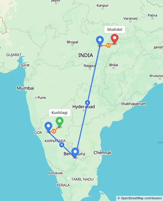 Route map showing distance and travel time from Kushtagi, India to Shahdol, India
