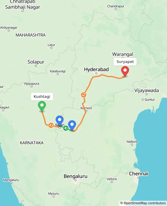 Route map showing distance and travel time from Kushtagi, India to Suryapet, India