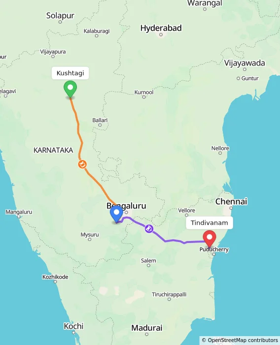 Route map showing distance and travel time from Kushtagi, India to Tindivanam, India
