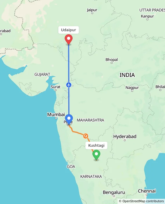 Route map showing distance and travel time from Kushtagi, India to Udaipur, India