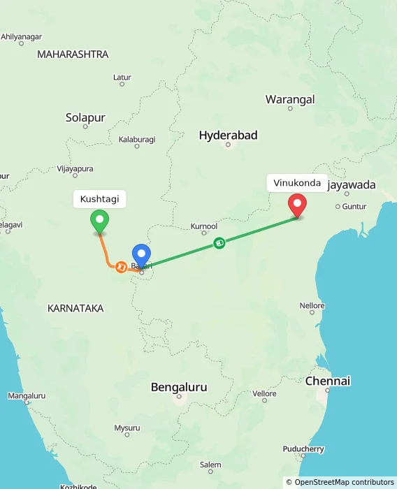 Route map showing distance and travel time from Kushtagi, India to Vinukonda, India