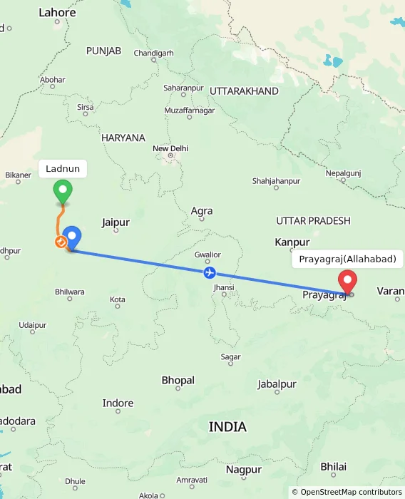 Route map showing distance and travel time from Ladnun, India to Allahabad, India