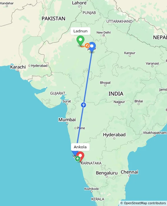 Route map showing distance and travel time from Ladnun, India to Ankola, India