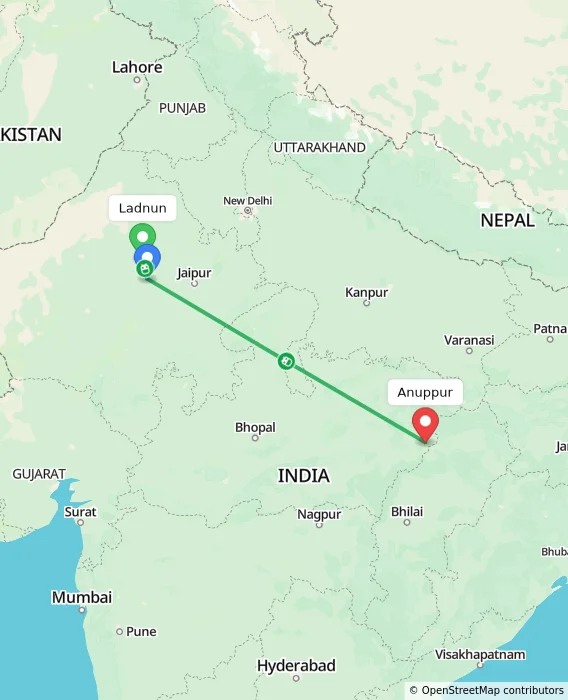 Route map showing distance and travel time from Ladnun, India to Anuppur, India