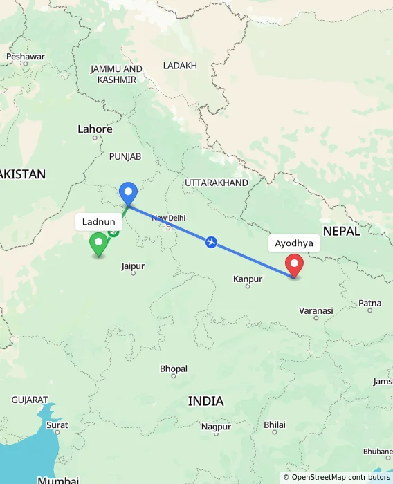 Route map showing distance and travel time from Ladnun, India to Ayodhya, India
