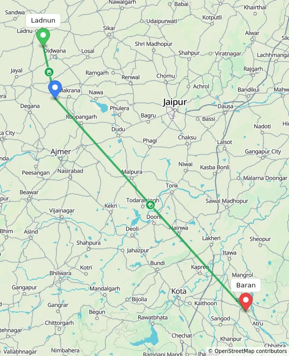 Route map showing distance and travel time from Ladnun, India to Baran, India