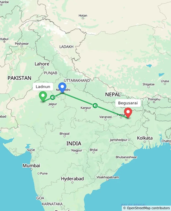 Route map showing distance and travel time from Ladnun, India to Begusarai, India
