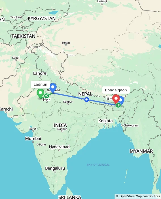 Route map showing distance and travel time from Ladnun, India to Bongaigaon, India