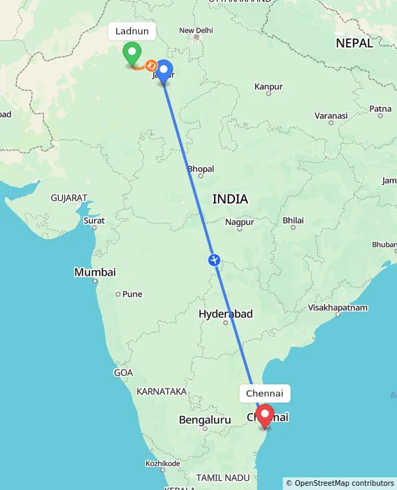 Route map showing distance and travel time from Ladnun, India to Chennai, India