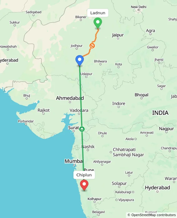 Route map showing distance and travel time from Ladnun, India to Chiplun, India