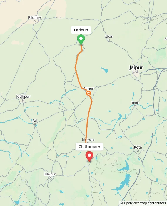 Route map showing distance and travel time from Ladnun, India to Chittorgarh, India