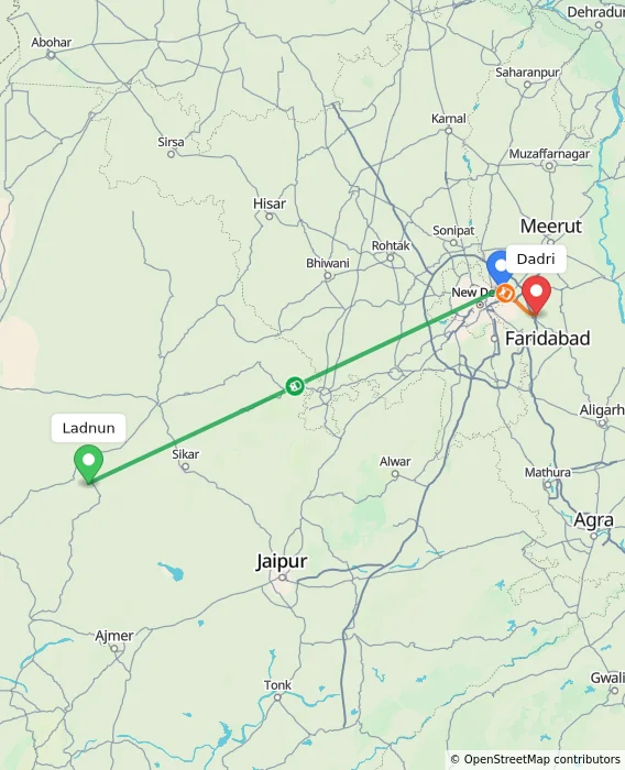 Route map showing distance and travel time from Ladnun, India to Dadri, India