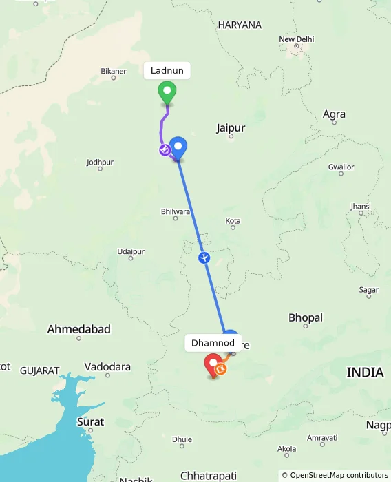 Route map showing distance and travel time from Ladnun, India to Dhamnod, India