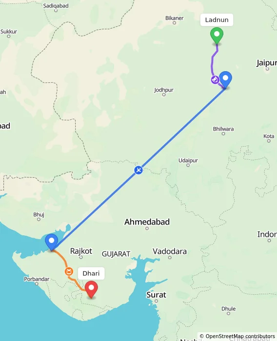 Route map showing distance and travel time from Ladnun, India to Dhari, India