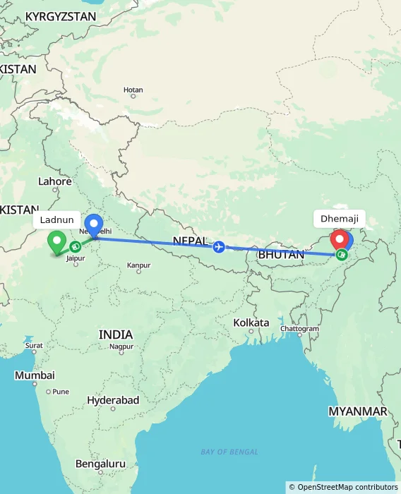 Route map showing distance and travel time from Ladnun, India to Dhemaji, India