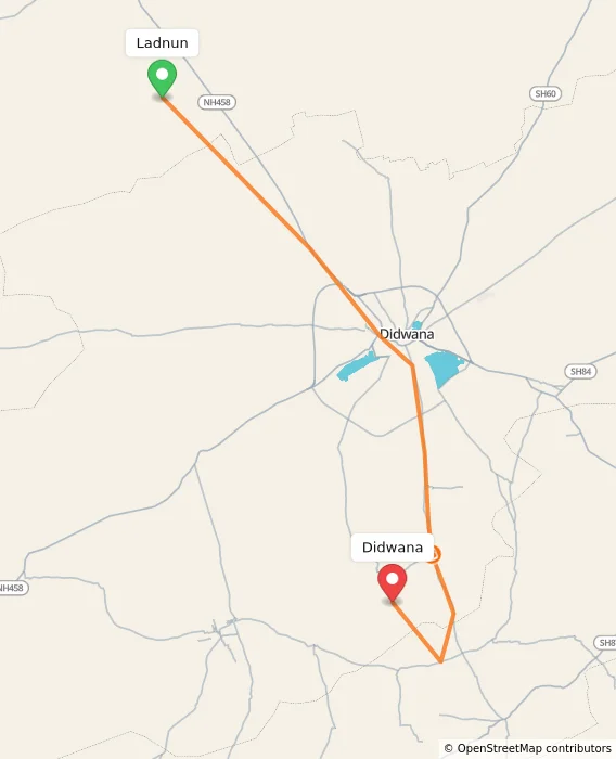 Route map showing distance and travel time from Ladnun, India to Didwana, India