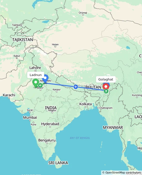Route map showing distance and travel time from Ladnun, India to Golaghat, India
