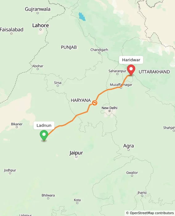Route map showing distance and travel time from Ladnun, India to Haridwar, India