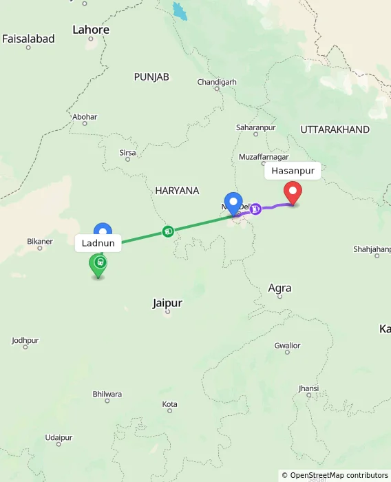 Route map showing distance and travel time from Ladnun, India to Hasanpur, India