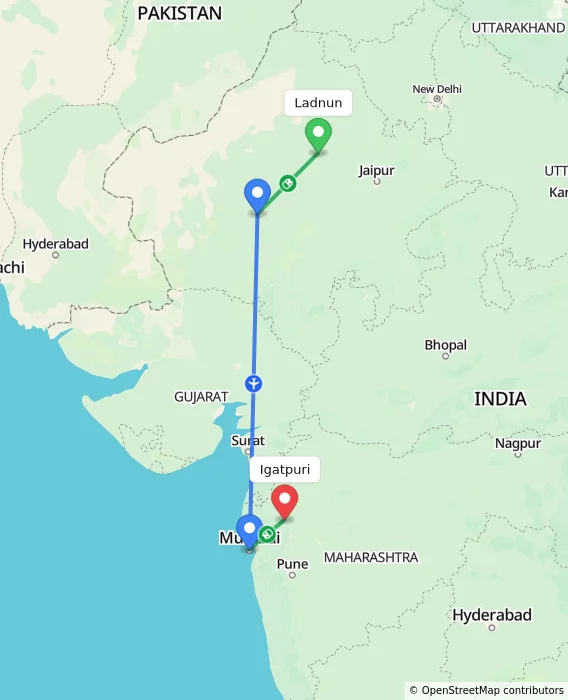 Route map showing distance and travel time from Ladnun, India to Igatpuri, India