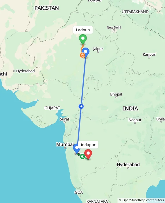 Route map showing distance and travel time from Ladnun, India to Indapur, India