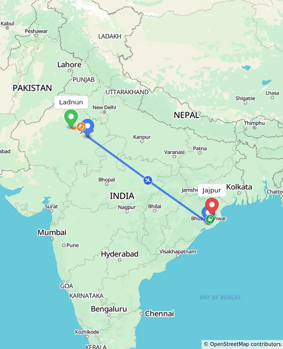 Route map showing distance and travel time from Ladnun, India to Jajpur, India