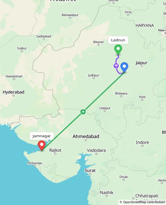 Route map showing distance and travel time from Ladnun, India to Jamnagar, India