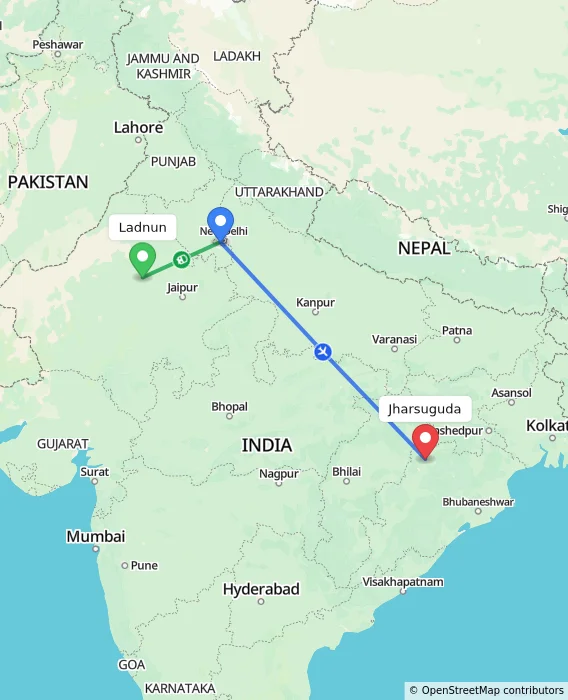 Route map showing distance and travel time from Ladnun, India to Jharsuguda, India
