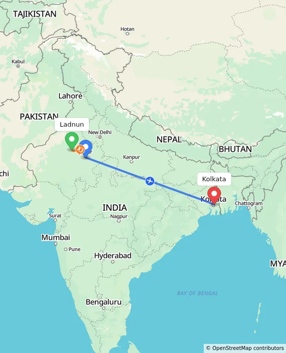 Route map showing distance and travel time from Ladnun, India to Kolkata, India