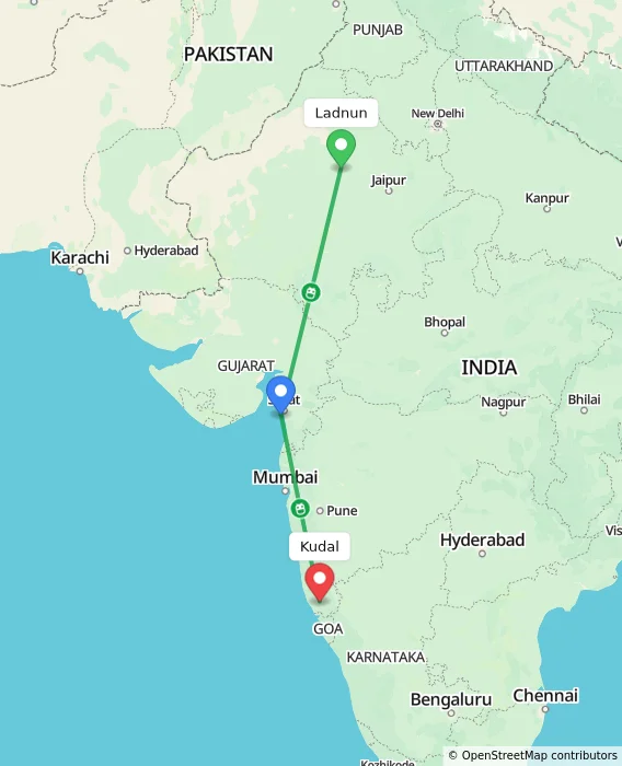 Route map showing distance and travel time from Ladnun, India to Kudal, India