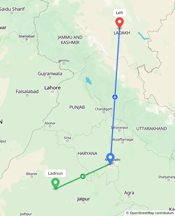Route map showing distance and travel time from Ladnun, India to Leh, India
