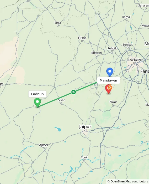 Route map showing distance and travel time from Ladnun, India to Mandawar, India